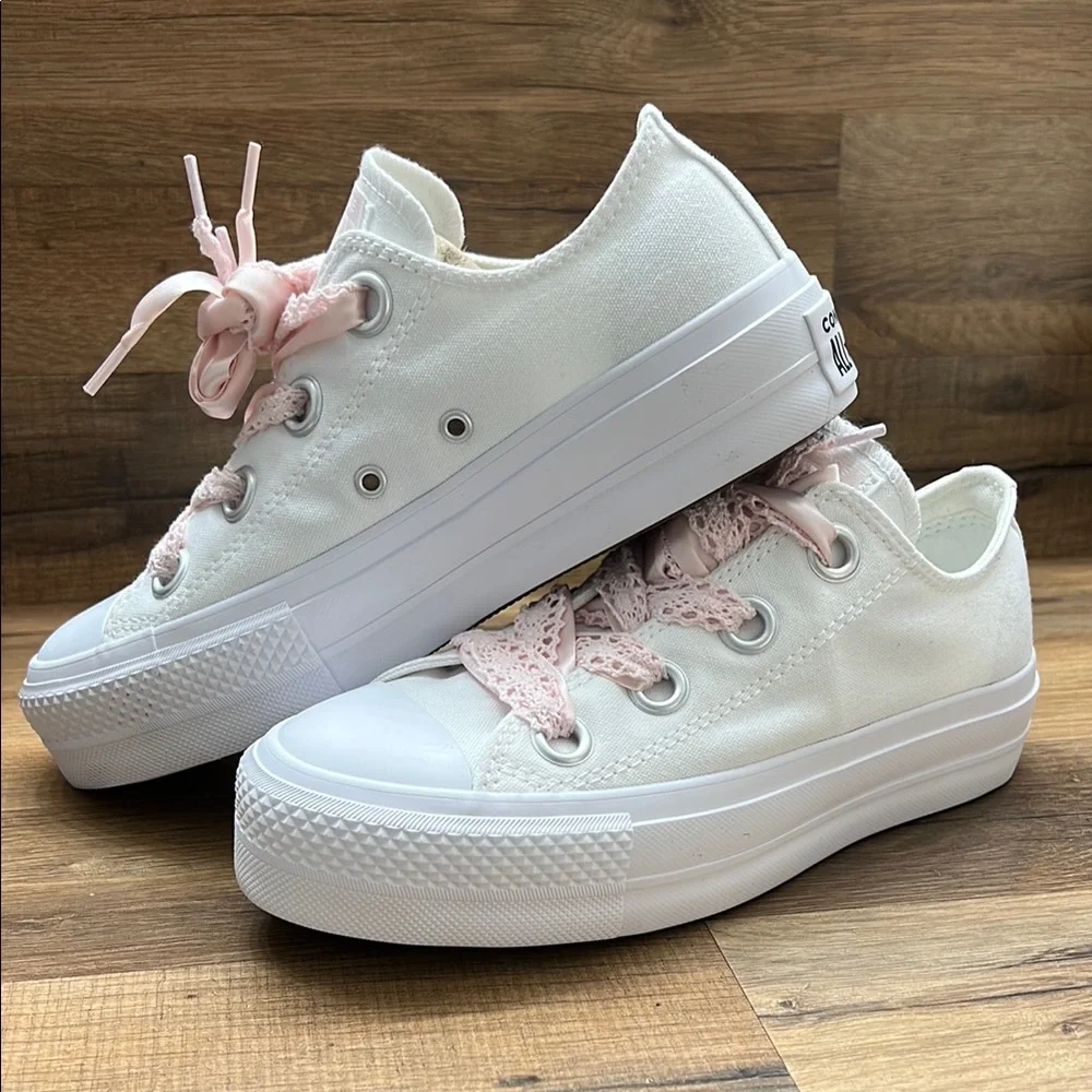 Converse White Sneakers with Pink Lace platform